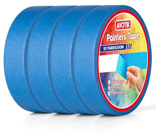 Avotik Blue Painters Tape 4 Rolls: Masking Tape 24 mm Wide x 55 Yards - Painter's Tape Blue Masking Tape for Walls Painting Packing, Wood, Floors, DIY, Total 220 Yards (4 rolls-24mm x 50m)