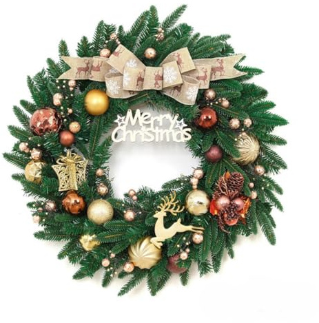Generisch Weihnachtskranz, 50 cm Künstlicher Türkranz mit Kugeln, Schleife und Merry Christmas Schriftzug, Grün-Gold-Rot, Indoor Weihnachtsdekoration für Tür und Kamin