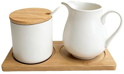 GOMETY Milch und Zucker Set mit Deckel und Löffel, Keramik Milchkännchen und Zuckerdose mit Holz Tablett, Spülmaschinen- und Mikrowellengeeignet, für Kaffee und Cappuccino (Weiß)