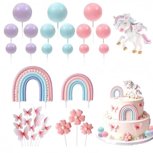 Unicorn Cake Topper,33 Pcs Unicorn Cake Decoration Rainbow Cake Topper,Unicorn Birthday Decorations Cake Decoration for Girls Boys Kids Birthday Party Baby Shower Supplies