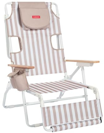 Flamingueo Silla Playa Plegable - Reclinable 5 Posiciones - Agujero Cabeza y Brazos - Reposapiés 3 Posicones - Asas Mochila - Bolsillo Insulado y Posavasos - Aluminio y Poliéster - Beige