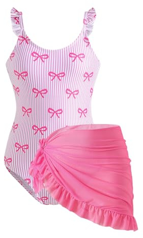 Momkonzz Girls Swimming Costume Tween One Piece Swimsuit with Cover Up Dress Kids Striped Bows Swimwear for Summer Beach 8-12Y