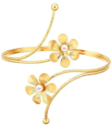 HAICN Gold Floral Upper Arm Cuff Adjustable Armlet Band with Pearl Accent Boho Greek Goddess Jewelry for Cosplay Summer Dresses Outfits