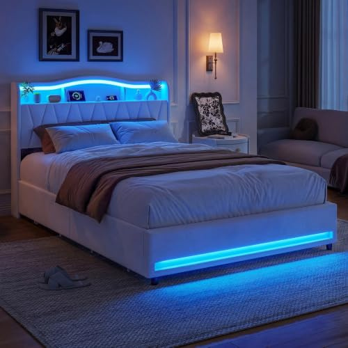 BRILVERDE Stoppsäng 160x200 med förvaringslåda, dubbelsäng med LED och USB, ungdomssäng med sänggavel, sängram med ribbotten, förvaringssäng, sammet (beige, 160 x 200 cm)
