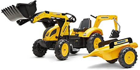 FALK - Tractopelle à pédales Komatsu avec excavatrice et remorque - Dès 3 ans - Fabriqué en France - Pelle frontale et excatrice articulées - Siège rotatif - 2086Y