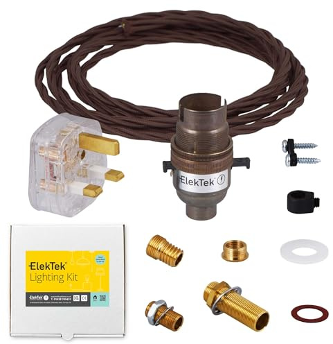 Kit de lampe en laiton antique avec interrupteur de sécurité B22 avec flexible torsadé marron et prise britannique 3A