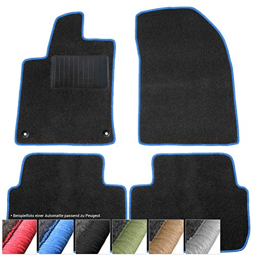 moto-MOLTICO Fußmatten Auto - Velours Autoteppiche passend für Peugeot 308 CC (2009-2013) - 4-teiliges Set - Schwarze Automatten mit Blauen Ziernähten