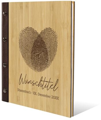 Stammbuch Gravur individuell Bambus Cover mit Echtleder Rücken und Extras Stammbuchformat hoch 175 x 220 mm - Fingerabdrücke