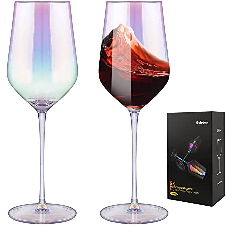 Lot de 2 verres à vin rouge de 481,9 g, verres à vin blanc soufflés à la main en cristal irisé pour mariage, anniversaire, Noël, cadeau d'anniversaire