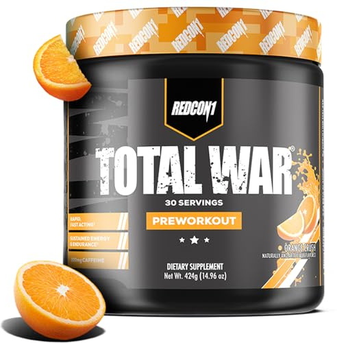 REDCON1 Total War Pre Workout, Orange Crush - Contains 320mg of Caffeine from Green Tea, Juniper & Beta Alanine - Pre Work Out with Amino Acids to Increase Pump, Energy + Endurance (30 Servings)