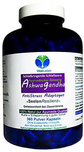 ASHWAGANDHA 360 Kapseln Resilienz-Adaptogen für ganzheitliche Stärke, innere Ruhe, Entspannung, Energie, Vitalität - AYURVEDA Kraftquelle für Körper & Geist OHNE Zusatzstoffe 27180-360