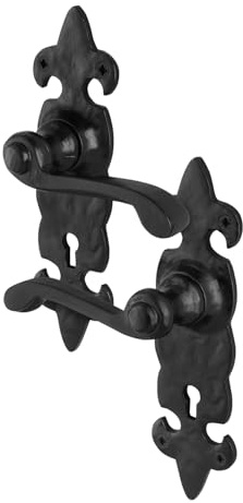 EAI Fleur De LYS Black Antique Door Handles Key Lock, 1 Pair of Cast Iron Internal and External Door Handles on Backplate