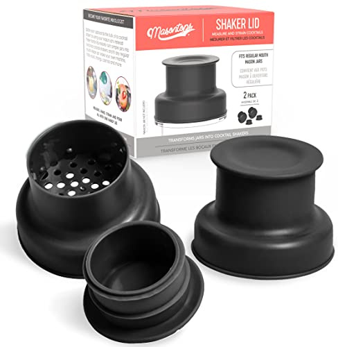 Masontops Tapas para Coctelera - Compatibles con Cualquier Tarro Mason de Boca Regular - Paquete de 2 Tapas con Jigger de 1oz