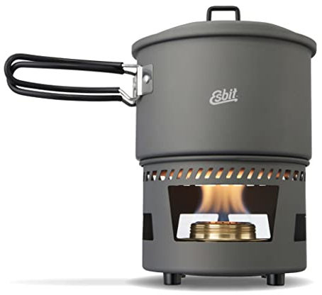 Esbit Spirituskochset - inkl. 1500 ml Topf - hartanodisiertes Aluminium - Deckel + Deckelaufhängung - Spiritusbrenner inkl. Flammenregulierer mit Klappgriff