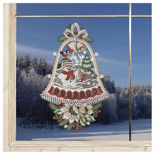 DSD Design-Studio Drechsler Weihnachts-Fensterbild Schneemann und Hase winterliche Fenster-Dekoration Glocke aus Plauener Spitze grau 29x19 cm