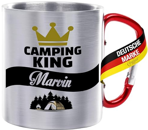 Crealuxe Edelstahltasse mit Karabiner - Camping King Wunschname - 330ml, Tasse personalisiert, Kaffeetasse, Bürotasse, Metalltasse mit Name