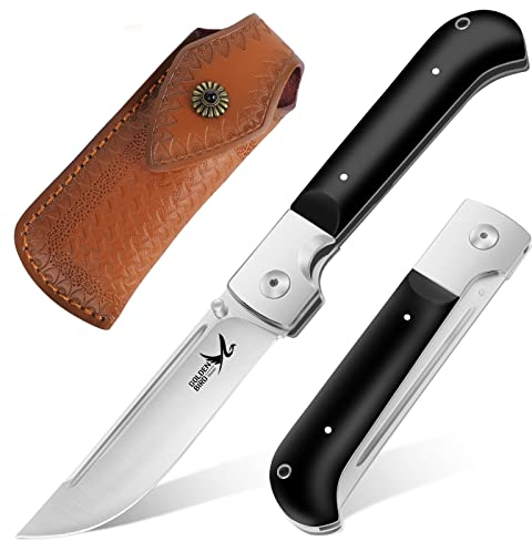 Golden Bird Taschenmesser, Scharfes Stahl Taschenmesser Outdoor, 440C Edelstahl Jagdmesser, Bushcraft Messer Überlebensmesser, Klappmesser Outdoor mit Lederholster, 58HRC