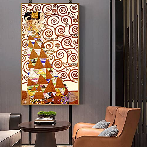 KADING Gustav Klimt Albero della Vita Quadri su Tela Riproduzioni di Quadri Famosi Classici Gustav Klimt Immagine da Parete per Soggiorno 65x130cm(26x52in) Con Cornice