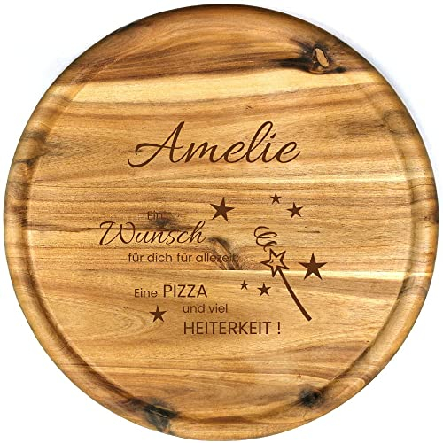 Sterngraf Pizzateller mit Gravur (Namen) personalisiertes Holz Pizzabrett 32cm Akazienholz - Geschenkidee zum Geburtstag, Geschenk Jahrestag Dankeschön, Zauberstab Motiv P33 Wunsch