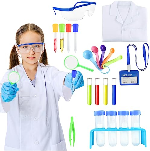 PLULON 23 Pieces Kids Scientist Costume Lab Coat with Science Experiment Kit Dress Up Pretend Play School Projects for Kids Boys Girls