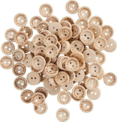 VBS XXL Holzknöpfe Handmade with love 100 Stück einseitig dekoriert aus Holz 3.6 mm stark ganzjährig verwendbar ideal für Bastelprojekte und DIY Nähen Ø 15 mm