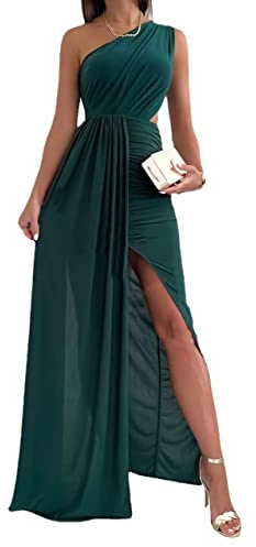 Vestido de Dama de Honor de Boda con un Hombro Plisado y Abertura Larga sin Mangas con Abertura Larga y Plisada Sexy para Mujer Vestido de Fiesta sin Mangas con Abertura (Verde,XL)