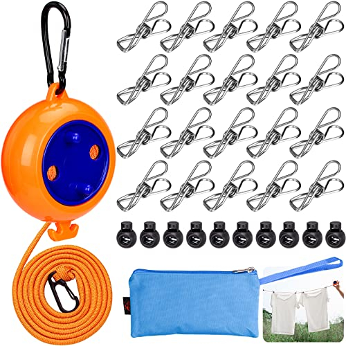 AOKITO Camping Wäscheleine, Praktische und Ausziehbare Wäscheleine für Camping und Reisen - 10m Nylon-Wäscheschnur mit Clips und Klammern für Innen- und Außenbereich