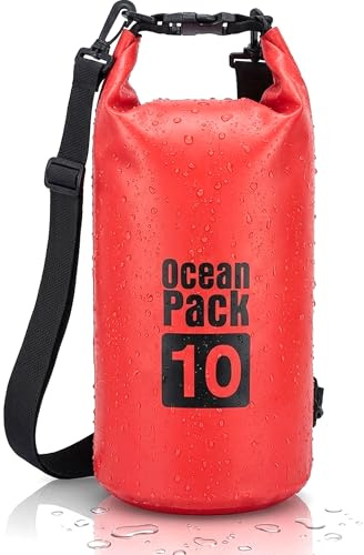 Dry Bag, Borsa Sacca Zaino Impermeabile Waterproof, chiusura a rotolo e tracolla, custodia impermeabile per cellulare e marsupio per Mare Barca Pesca Rafting Spiaggia Sport Acquatici (Red, 10l)