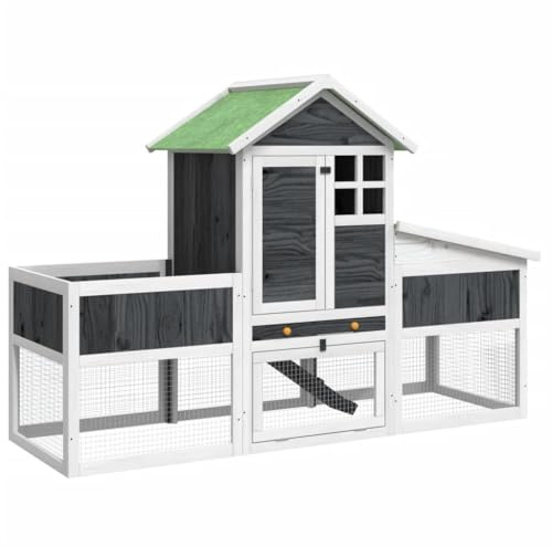 vidaXL Kaninchenstall, Hasenstall mit Nistkasten Freilaufgehege, Kaninchenkäfig für Außenbereich, Kleintierstall Kleintierhaus, Grau Massivholz Kiefer