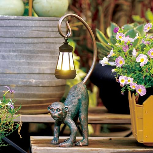 Goodeco Statue de singe solaire Ornements de jardin Queue Lanterne solaire à suspendre | Accessoires de décoration de pelouse pour terrasse, balcon, jardin, cadeaux pour femme, homme, maman, cuivre, 41,5 cm