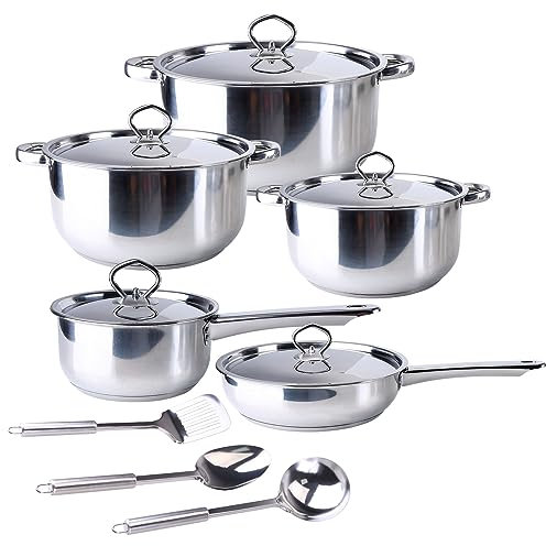 Uposao Kitchen - Juego de ollas y sartenes de acero inoxidable (15 piezas, ollas y sartenes de gas y horno, apto para lavavajillas, ollas, sartenes, utensilios de cocina