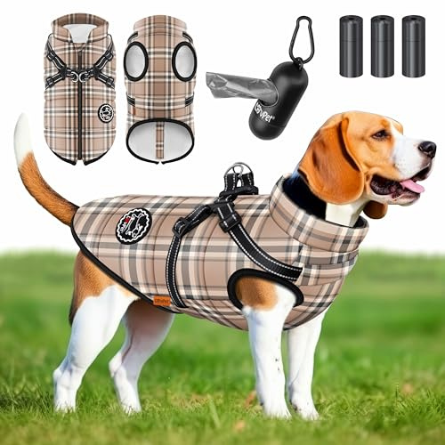 LOVPET® Hundejacke Hundemantel mit Geschirr, inkl. 45 Stück Kotbeutel + Spender, Hunde Winterweste gefüttert wasserdicht, Gepolsterte Weste Mit Brustgurt, Reflektoren, D-Ring 5XL, Beige
