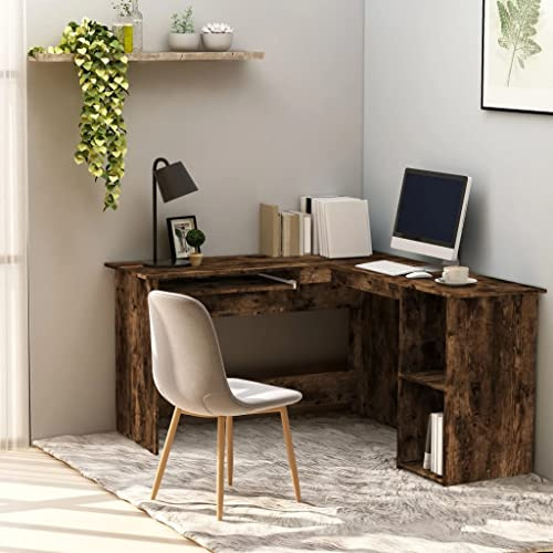 Escritorio para ordenador, mesa de estudio, mesa de esquina, roble ahumado, 120 x 140 x 75 cm, madera