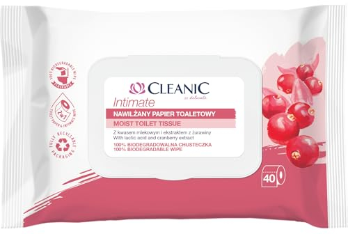 Cleanic Intimate Papel Higiénico Húmedo desechable - 40 unidades - combina papel húmedo y toallitas. Limpia la zona íntima con extracto de arándano y prebiótico.