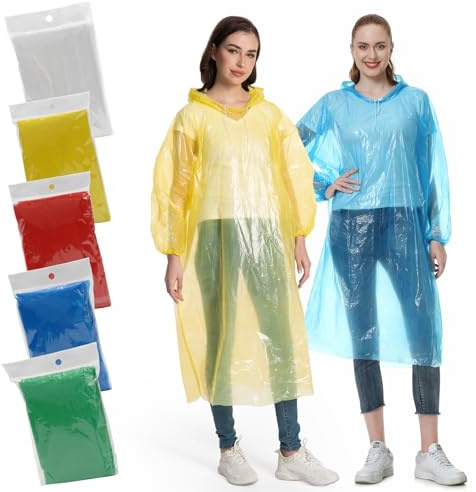 Habaylin Rain Poncho, 5 Pack Poncho Waterproof Adults, Clear Disposable Plastic Emergency Raincoats with Hood and Sleeves for Women & Men for Festivals, Camping, Theme Parks