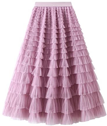 Damen Maxirock Sommer A-Linie Faltenrock für Damen, Langer Tutu-Rock, Rüschen, Mesh, Vintage, Wadenlänge, Chiffon, hohe Taille, Blasenrock Damenröcke (Purple, L)