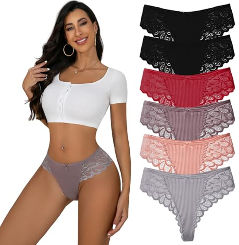 Hialegion Braguitas de encaje sexy para mujer, ropa interior sin costuras, para mujer, ribete de encaje, hipster brasileño, talla grande, 6 unidades, S-4XL, M