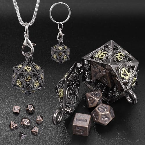 ORUZA 7 Stück Mini Metall DND Würfel Set mit Schwarzem Hohlen Halskette Fall Polyedrische Metall Würfel Set Anhänger D&D Schlüsselanhänger Würfel für Dungeons and Dragons RPG Karten Tischspiele Würfel