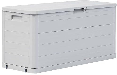 PIXZSSI Gartenbox 117x45x56 cm Hellgrau Kunststoff Aufbewahrungsbox Terrasse Soliden Konstruktion Klassische Design Auflagenbox Viel Stauraum zur Aufbewahrung von Kissen Auflagen