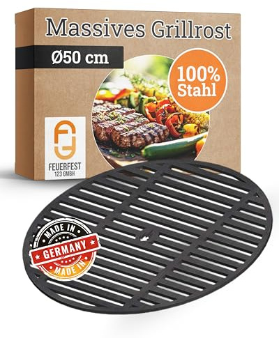 Feuerfest 123 Grillrost rund I Ø 50cm I Hochwertiges Grillgitter aus Stahl I Massive Grillplatte mit 8mm Stärke I Gitterrost für Gas-, Kohle- & Kugelgrill I Feuerschale-Grillrost aus Handarbeit