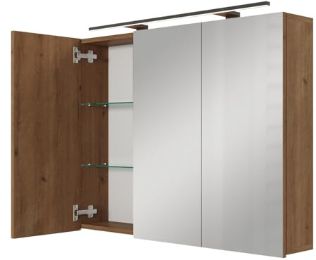 Planetmöbel ARIA Spiegelschrank Bad mit Beleuchtung 90 cm breit | Badschrank hängend mit Spiegel, Gold Eiche, mit Leuchte und Steckdose, Spiegelschrank Gäste WC 90 x 70 x 16 cm