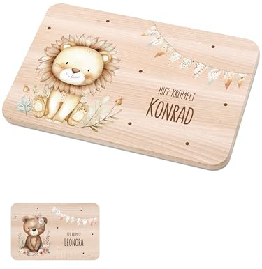 Bärenfreunde - Individuelles Holzbrett mit hochwertigem Spezial-Druck für Kinder - Personalisiertes Frühstücksbrettchen - Niedliche Motiv-Brettchen mit Namen (Löwe Zweige Girlande)
