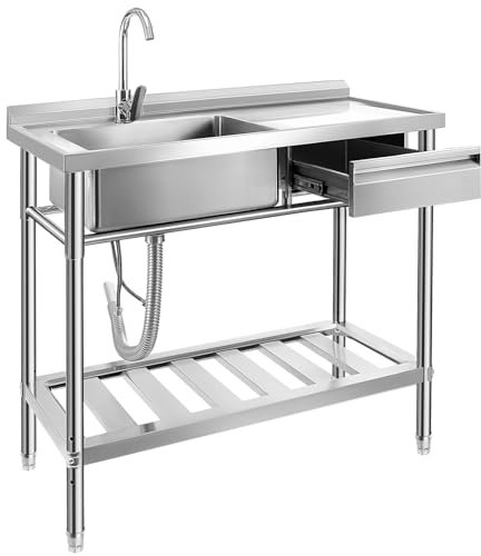 Trintion Freistehende Edelstahl Spültisch, 1 Becken mit Rechte Schublade, Gewerbliche Spülbecken mit Wasserhahn,Kalt und Warmwasserschläuchen,für Waschküche,Bauernhaus, Innen- und Außenspüle(99cm)