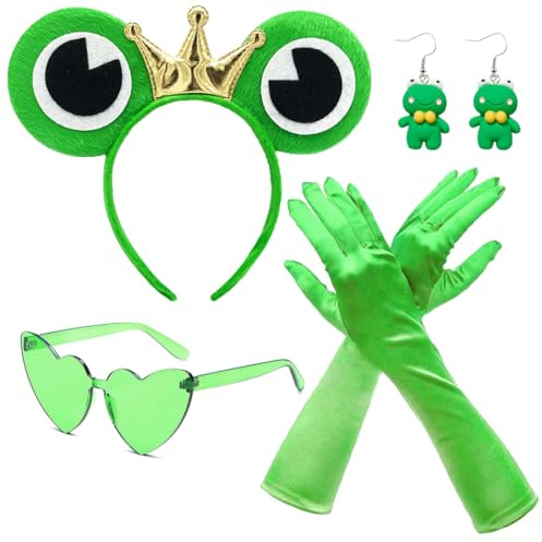 MorLuks 6 Stück Frosch Kostüm Set, Froschkostüm für Erwachsene, Frosch Haarreif Handschuhe Grüne Herzbrille Frosch Ohrringe für Damen Fasching Karneval Motto Party Kostüm