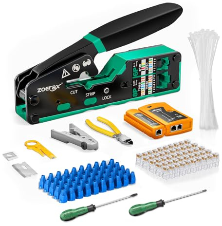 10-in-1 RJ45 Crimpzange & Netzwerk Werkzeug Set Profi-Set mit Netzwerk Tester, Abisolierzange, Klingen, 2x Schraubendreher, 50x Pass Through Netzwerkstecker + Entlastungsschutz (für Cat5/Cat5e/Cat6)