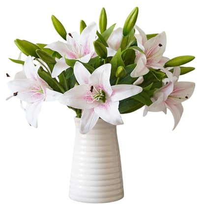 TONGMAN 6 Bundles Artificial Tiger Lily Flowers White Touch Lilies Flower Bouquet Faux Floral Table Centerpieces Arrangement for Wedding Home Party Garden Office Decor (Powder)