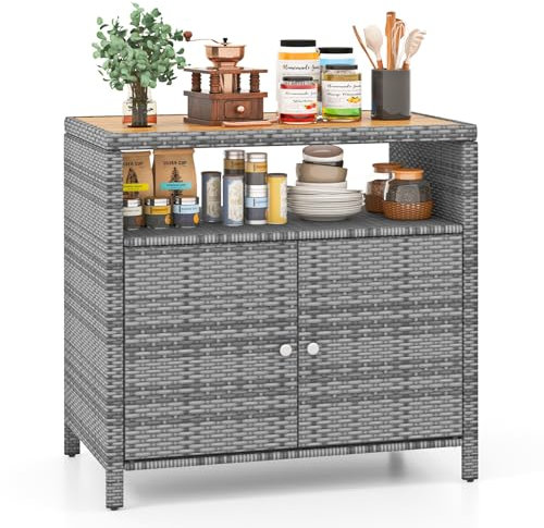 LIFEZEAL Aparador de Rattan PE, Armario de Cocina con Tablero de Madera de Acacia, Mueble con Tapa Abierta y 2 Puertas, 90x53x86 cm, para Terraza, Jardín y Patio (Gris)