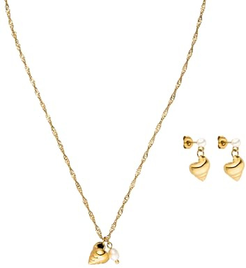 Purelei Seashore Schmuck-Set – Vergoldete Kette & Ohrringe mit Süßwasserperlen & Muschelanhängern, maritim inspiriert, elegantes Design (Gold)