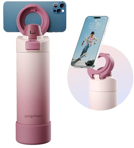 Magcheer Botella Magnetica 750ml con Soporte Movil | Trípode Multi-ángulos | Sin BPA y A Prueba de Fugas | Botella Termica Frío 24h para Viajes y Selfies de Gym(Rosa Degradado)