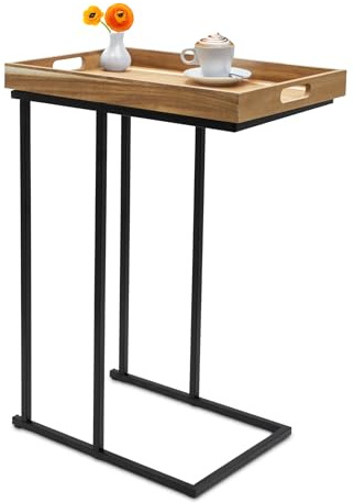 Spetebo Sofa Beistelltisch in C-Form schwarz – 60 x 45 cm | Deko Tisch, abnehmbares Holz Tablett, für Wohnzimmer und Sofa